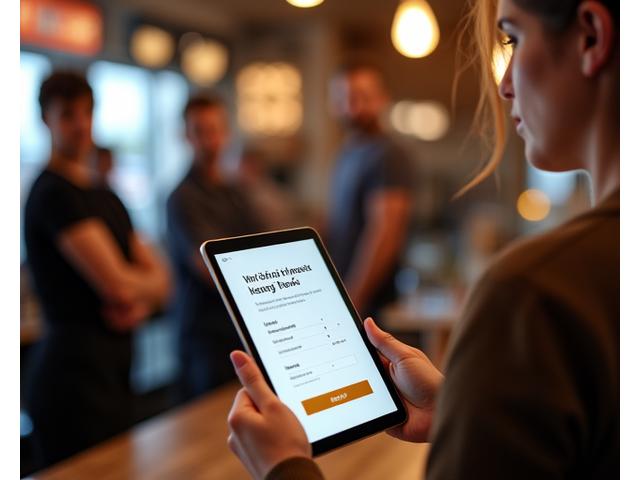 Een serveerster die een tablet vasthoudt met een klantloyaliteitsprogramma in een gezellige Nederlandse koffiebar